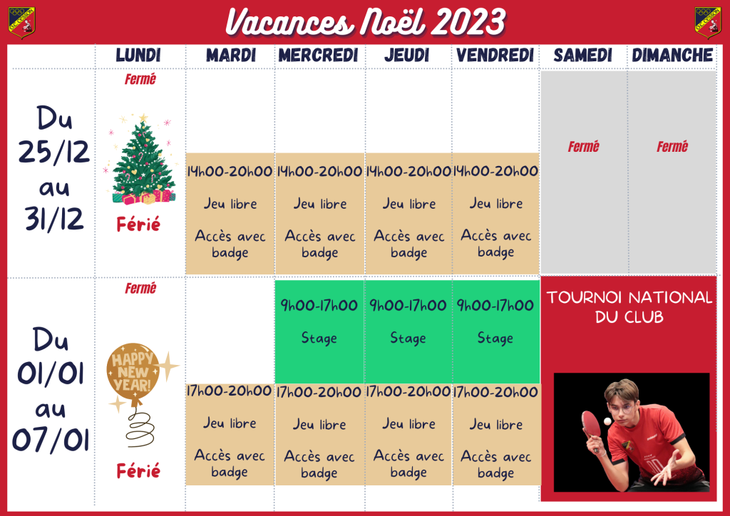 Planning pendant les vacances scolaires de Noël 2023